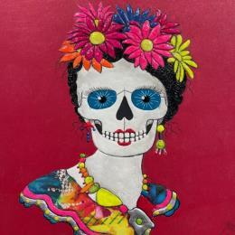 Peinture FRIDA TOUT EN COULEURS par Geiry | Tableau Matiérisme Bois Portraits