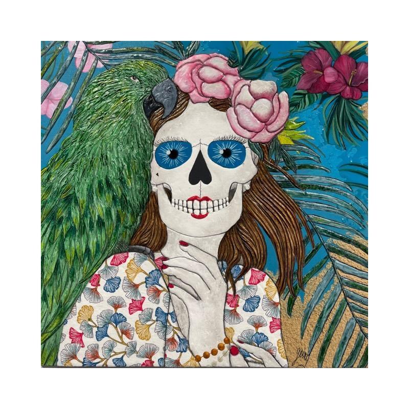 Peinture NOUVELLE ZELANDE KAKAPO par Geiry | Tableau Art Singulier Matiérisme Portraits Bois