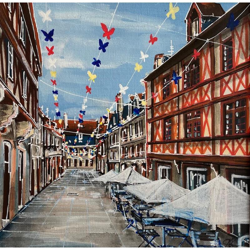 Painting Papillons et colombages dijonnais  by Touras Sophie-Kim  | Painting Figurative Landscapes Urban Life style