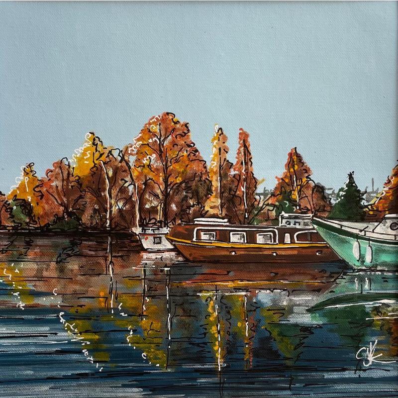 Painting Les péniches du port du canal Dijon by Touras Sophie-Kim  | Painting Figurative Landscapes Urban Life style