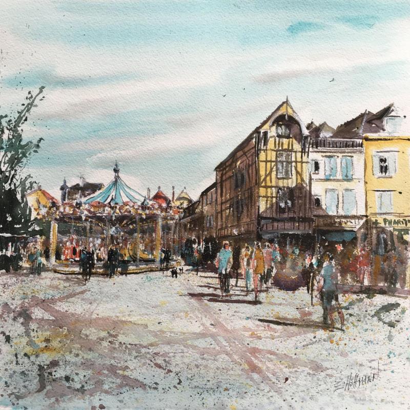 Peinture Troyes 128 Le carrousel par Hoffmann Elisabeth | Tableau Figuratif Urbain Aquarelle