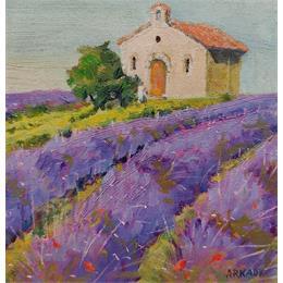 Peinture La chapelle dans le champ de lavande par Arkady | Tableau Figuratif Huile Paysages