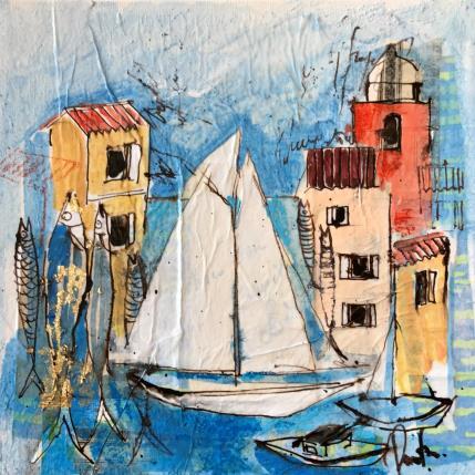 Peinture Les voiles par Colombo Cécile | Tableau Figuratif Acrylique, Collage, Encre, Feuille d'or, Pastel Marine, Paysages