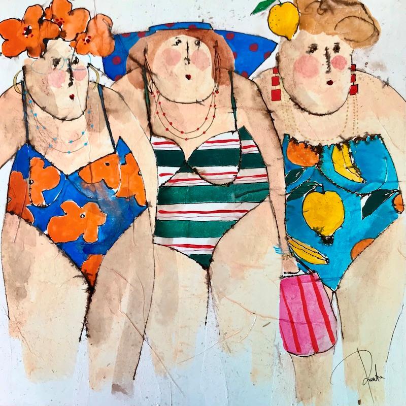 Peinture Anais, Laura, Chantal par Colombo Cécile | Tableau Figuratif Portraits Acrylique Collage Encre Pastel