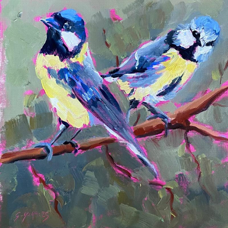 Painting MESANGES SUR UNE BRANCHE by Morales Géraldine | Painting Figurative Animals Oil Acrylic