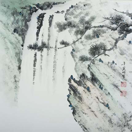 Peinture Waterfall and pinetree par Du Mingxuan | Tableau Figuratif Aquarelle, Encre Nature, Paysages