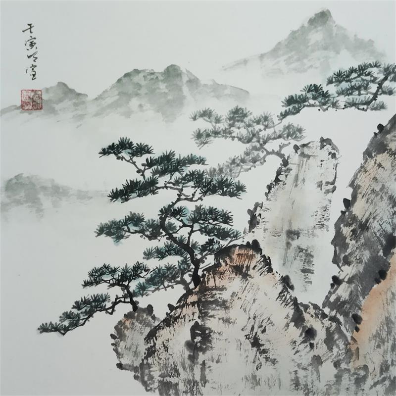 Peinture Pine tree and mountains par Du Mingxuan | Tableau Figuratif Paysages Nature Aquarelle Encre