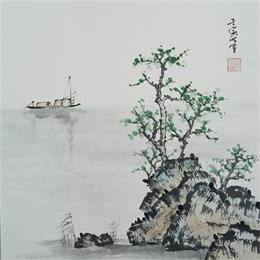 Painting Lakeside and boat by Du Mingxuan | Painting Figurative Ink, Watercolor Landscapes, Marine, Nature, Pop icons