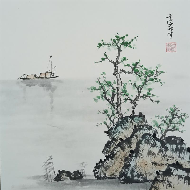 Gemälde Lakeside and boat von Du Mingxuan | Gemälde Figurativ Landschaften Marine Natur Aquarell Tinte