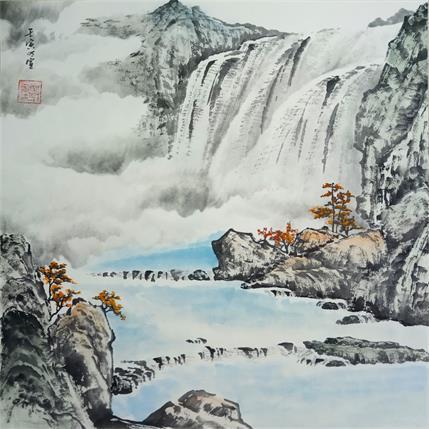 Peinture Waterfall and fog par Du Mingxuan | Tableau Figuratif Aquarelle, Encre Nature, Paysages