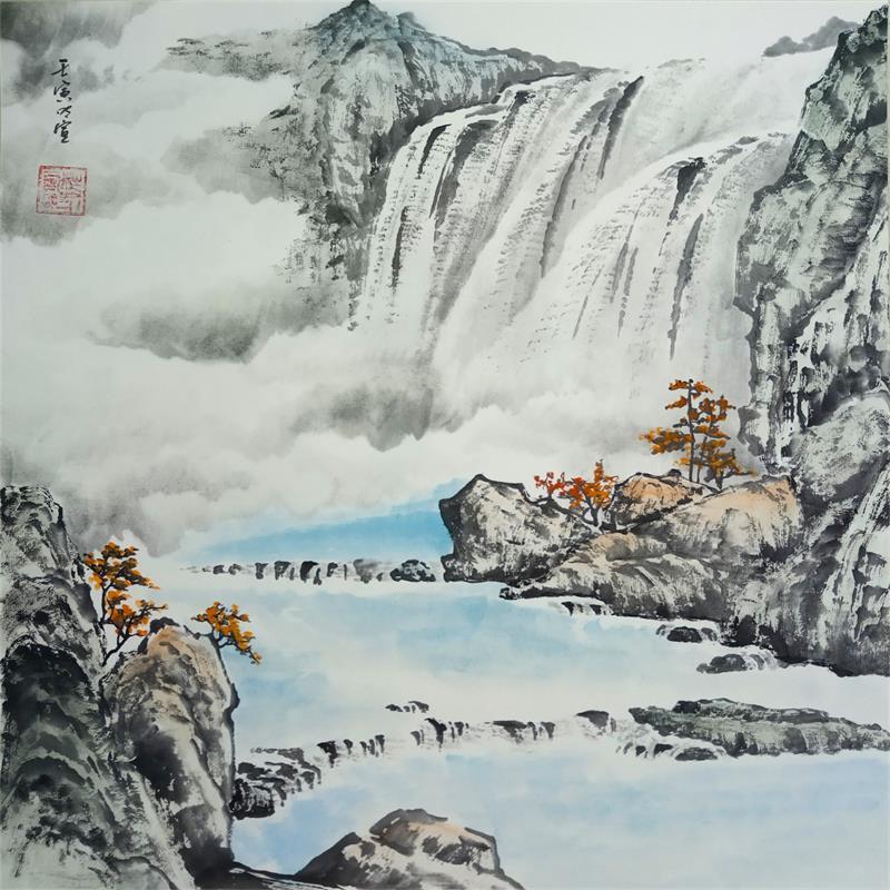 Peinture Waterfall and fog par Du Mingxuan | Tableau Figuratif Paysages Nature Aquarelle Encre