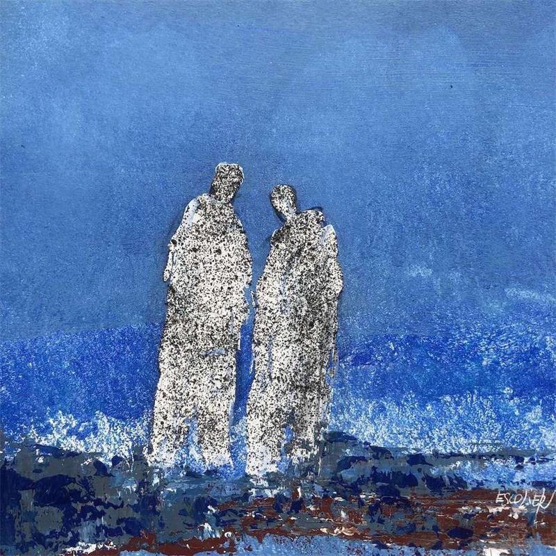 Peinture Vers l'horizon bleu par Escolier Odile | Tableau Art Singulier Carton Acrylique Sable