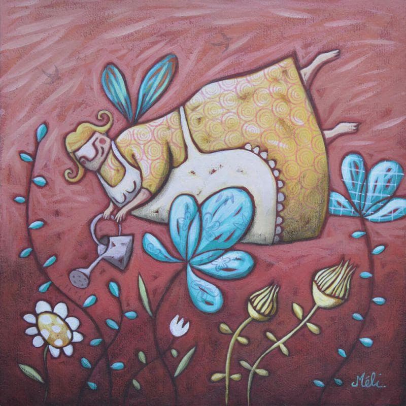 Peinture La fée du jardin par Catoni Melina | Tableau Art naïf Scènes de vie