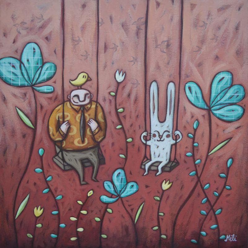 Peinture L'ami imaginaire par Catoni Melina | Tableau Art naïf Scènes de vie Animaux