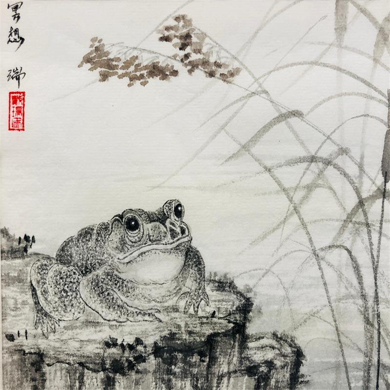 Painting Méditation by Amblard Rui | Painting Figurative Landscapes Life style Animals Watercolor