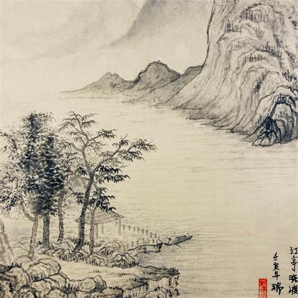 Gemälde A little boat looking up at the high mountains von Amblard Rui | Gemälde Figurativ Aquarell Alltagsszenen, Landschaften, Pop-Ikonen