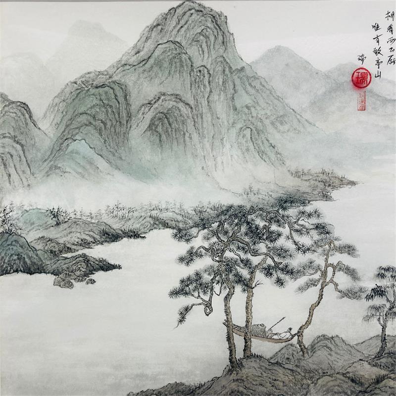 Gemälde Je ne me lasse pas de nous voir, seulement montagne Jingting. / Never tired of looking each other - only the mountain Jingting and me.. von Amblard Rui | Gemälde Figurativ Landschaften Alltagsszenen Aquarell