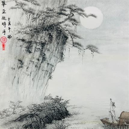 Gemälde Toast to the moon/ Toast à la lune von Amblard Rui | Gemälde Figurativ Aquarell Alltagsszenen, Landschaften