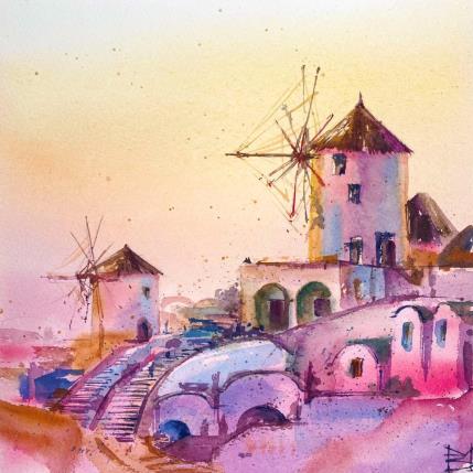 Peinture Santorini mills par Volynskih Mariya  | Tableau Figuratif Aquarelle Architecture, Paysages, Urbain