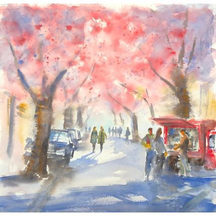 Peinture Café sur la grande avenue par Jones Henry | Tableau Figuratif Aquarelle Paysages, Urbain