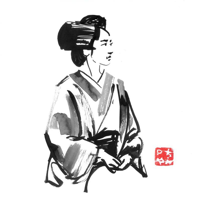 Painting waiting geisha by Péchane | Painting Figurative Portrait Watercolor Ink
