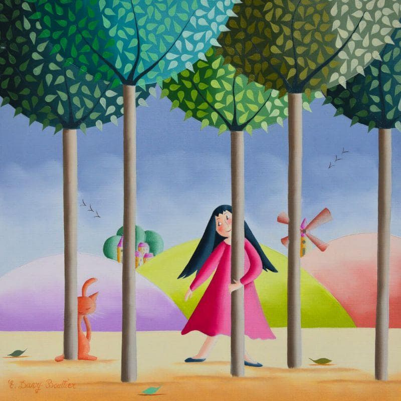 Gemälde Ballade en forêt von Davy Bouttier Elisabeth | Gemälde Naive Kunst Alltagsszenen Öl