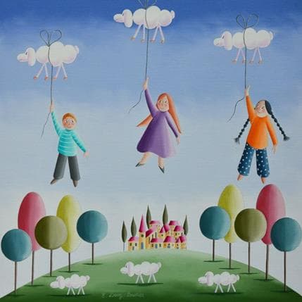 Painting Vol' moutons by Davy Bouttier Elisabeth | Painting Naive art Oil Life style