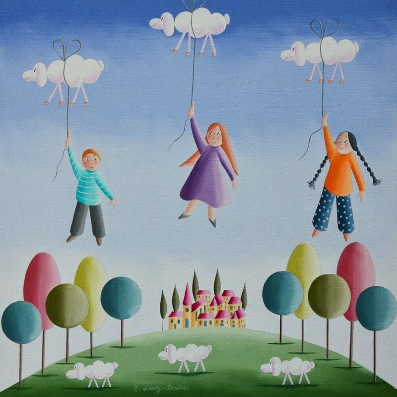 Painting Vol' moutons by Davy Bouttier Elisabeth | Painting Naive art Life style Oil