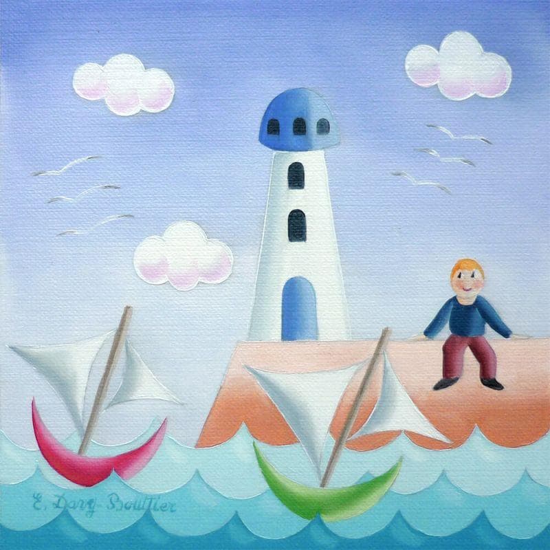 Painting le ptit phare by Davy Bouttier Elisabeth | Painting Naive art Life style Oil