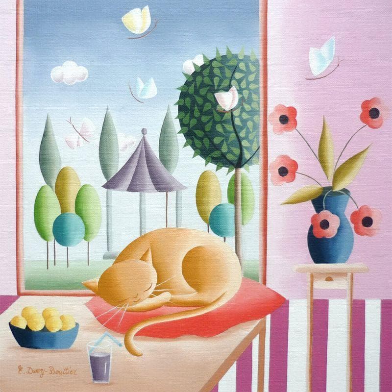 Peinture Fraicheur d'été par Davy Bouttier Elisabeth | Tableau Art naïf Scènes de vie Huile