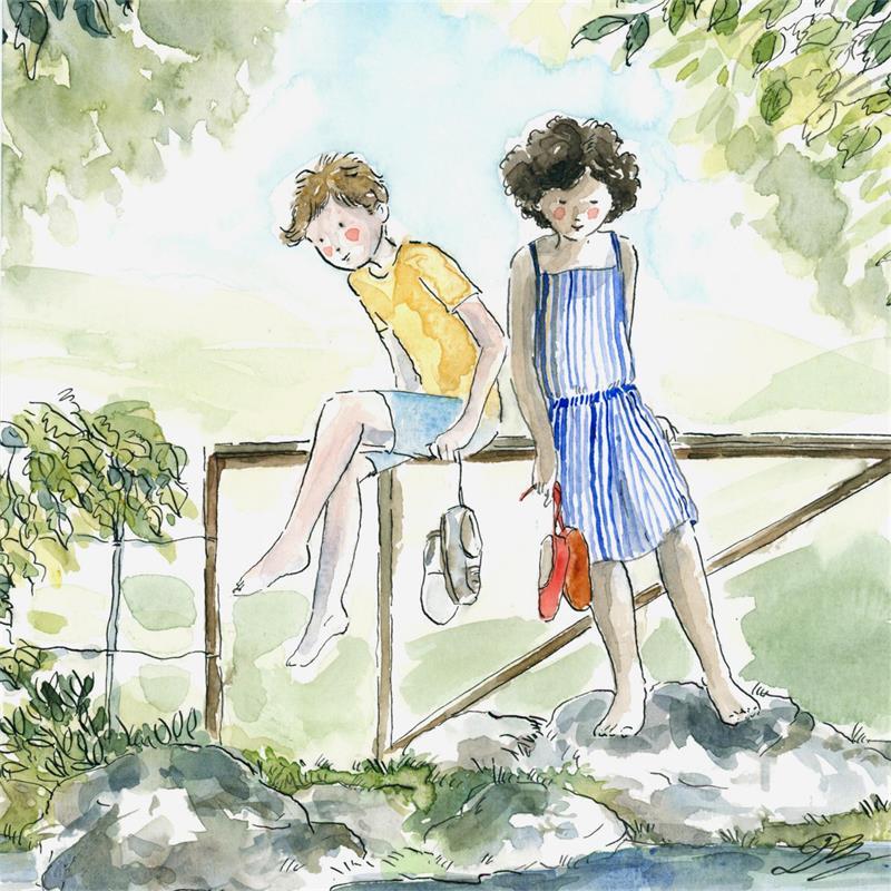 Peinture Les petits baigneurs par Balme Delphine | Tableau Art naïf Scènes de vie Aquarelle