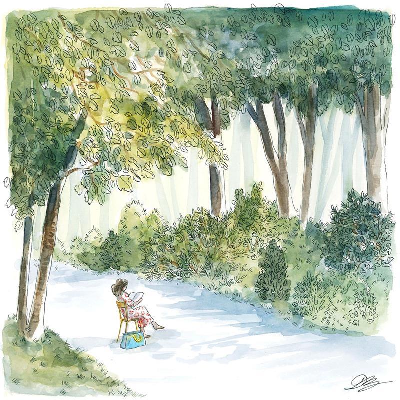 Painting Lecture au parc by Balme Delphine | Painting Naive art Landscapes Urban Life style Watercolor