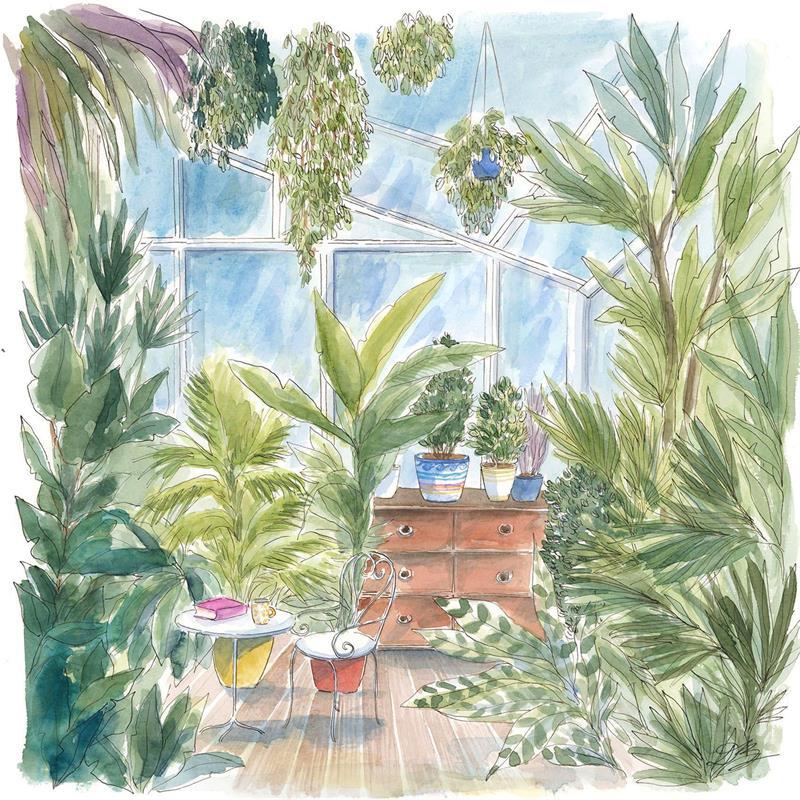 Gemälde Jardin intérieur von Balme Delphine | Gemälde Naive Kunst Alltagsszenen Aquarell