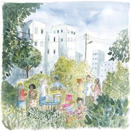 Painting Jardin partagé by Balme Delphine | Painting Naive art Watercolor Landscapes, Life style, Urban