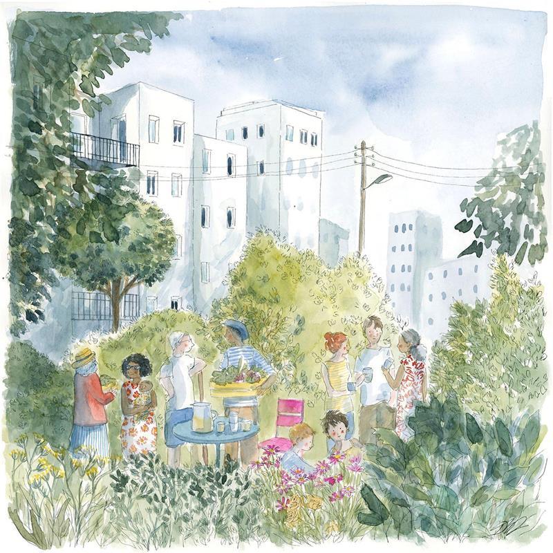 Painting Jardin partagé by Balme Delphine | Painting Naive art Landscapes Urban Life style Watercolor