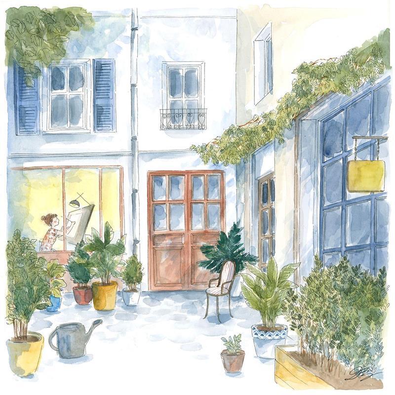 Gemälde L'atelier von Balme Delphine | Gemälde Naive Kunst Urban Alltagsszenen Aquarell