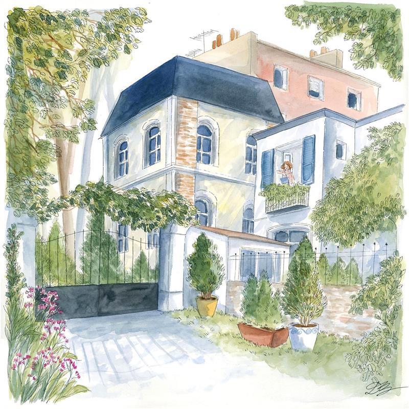 Gemälde La maison au bout de la rue von Balme Delphine | Gemälde Naive Kunst Landschaften Urban Alltagsszenen Aquarell