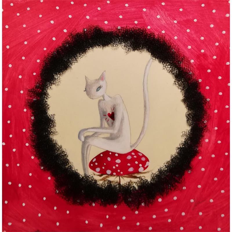 Painting Il gatto che si emozionava troppo e il fungo by Nai | Painting Naive art Life style Acrylic