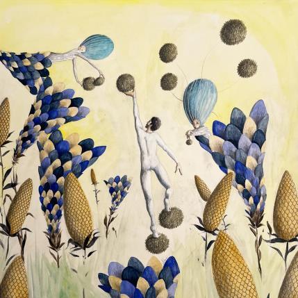 Peinture La femme d'argent qui observait par Nai | Tableau Art naïf Acrylique Scènes de vie