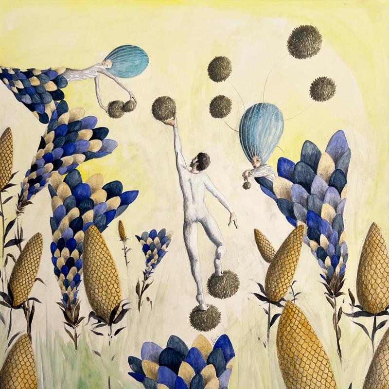 Peinture La femme d'argent qui observait par Nai | Tableau Art naïf Scènes de vie Acrylique