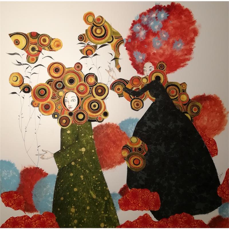 Peinture Passiamoci dei consigli par Nai | Tableau Art naïf Scènes de vie Acrylique