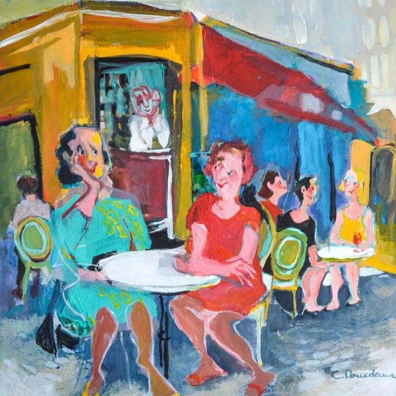Peinture Filles en terrasse par Doucedame Christine | Tableau Figuratif Scènes de vie Acrylique