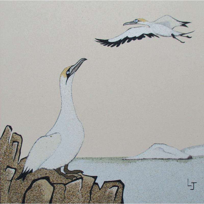 Peinture Fous de bassan par Jovys Laurence  | Tableau Matiérisme Paysages Marine Animaux Sable