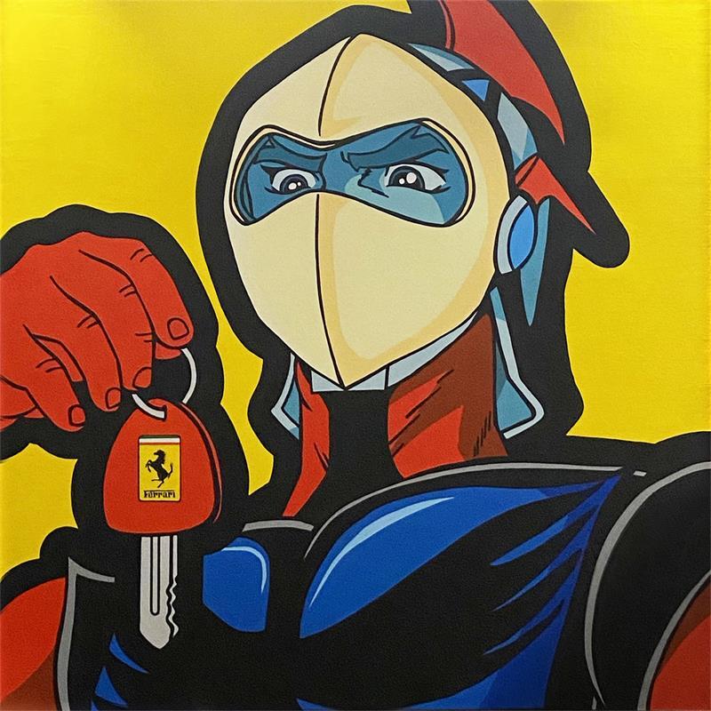 Peinture goldorak Actarus driving Ferrari par Kalo | Tableau Pop-art Icones Pop Graffiti Collage Posca