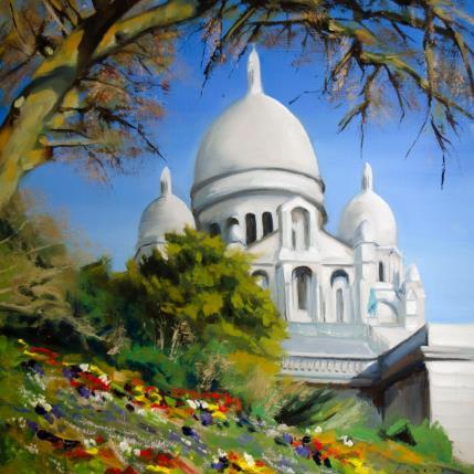 Painting Fleurs et Sacré coeur by Eugène Romain | Painting Figurative Oil Landscapes, Urban