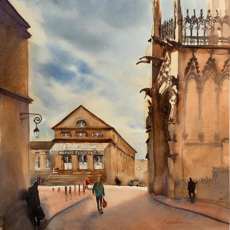 Painting Entre deux nuages by Seruch Capouillez Isabelle | Painting Figurative Urban Watercolor