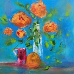 Peinture Bouquet Orange par Chebrou de Lespinats Nadine | Tableau Abstrait Huile Natures mortes