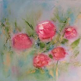 Peinture Fleurs Rose par Chebrou de Lespinats Nadine | Tableau Abstrait Huile Natures mortes
