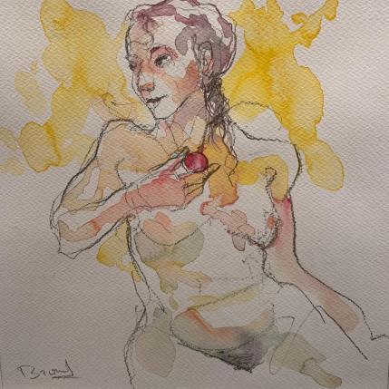 Painting Méline tenant son bijou by Brunel Sébastien | Painting Figurative Watercolor Nude