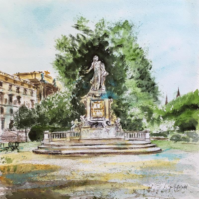 Peinture Vienne Monument de Mozart par Hoffmann Elisabeth | Tableau Figuratif Urbain Aquarelle